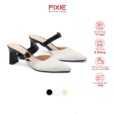 [Form nhỏ] Giày Sục Cao Gót 6cm Quai Ngang Phối Khóa Pixie H104
