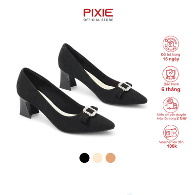 Giày Cao Gót 5cm Da Sáp Gót Vuông Phối Nơ Khóa H405