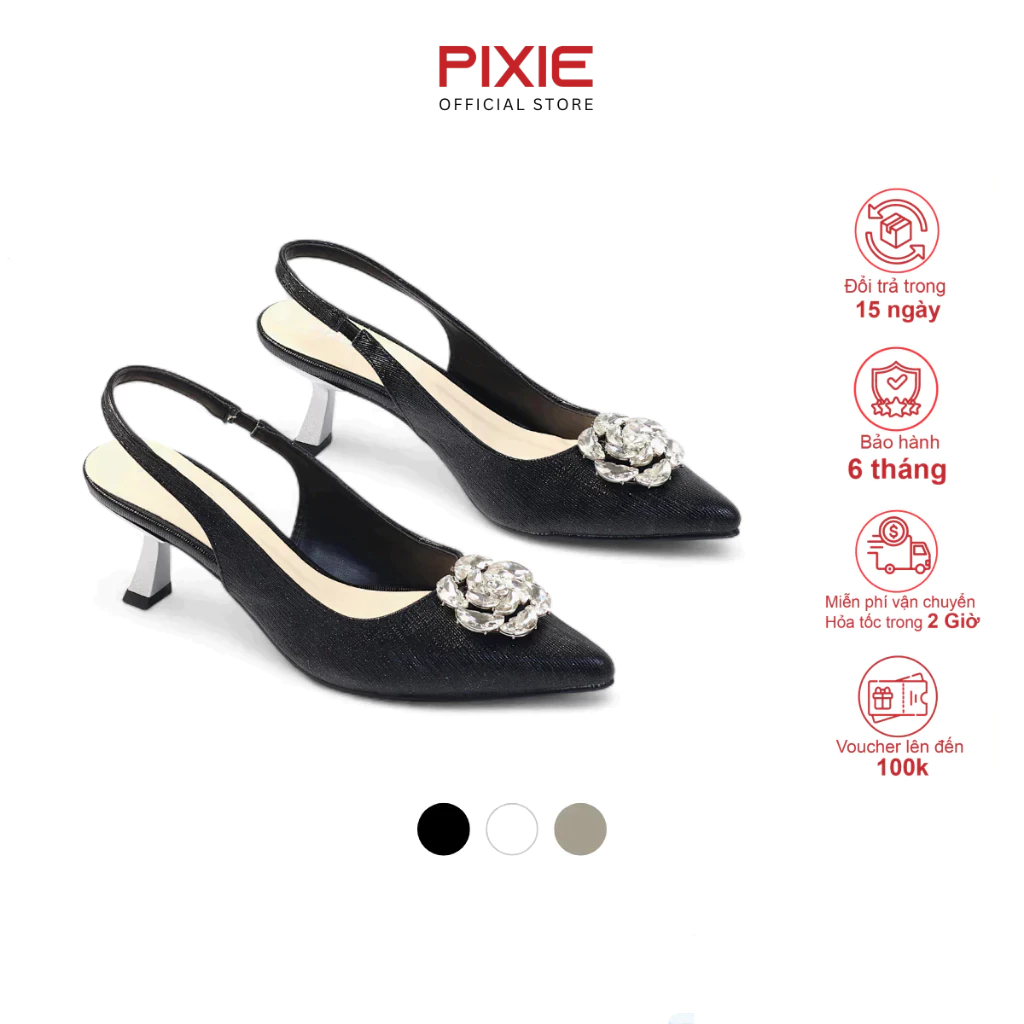 Giày Slingback 5cm Da PU Lấp Lánh Đính Đá Hoa Hồng Pixie H416