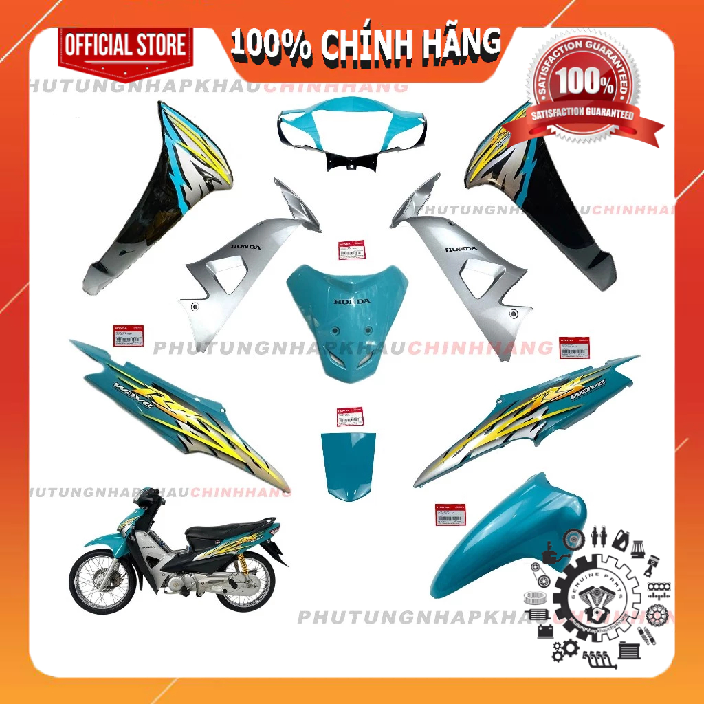 [MÓN LẺ]Dàn áo Wave RS 100 2005 2006 xanh ngọc chính hãng, Bộ áo màu Wave RS100