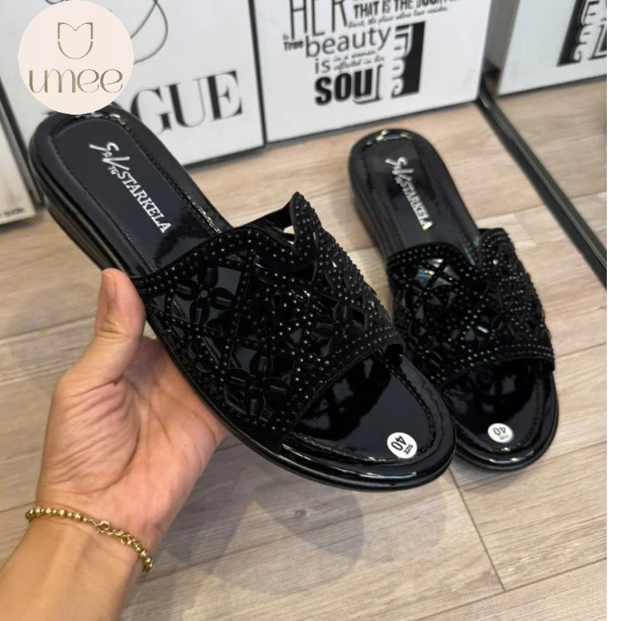 Dép trung niên nữ đế 3cm xuồng quai lưới đính đá cao cấp, dép cho mẹ, dép trung niên cho bà