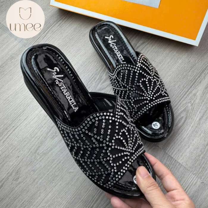 Dép trung niên nữ đế 3cm xuồng quai lưới đính đá cao cấp, dép cho mẹ, dép trung niên cho bà