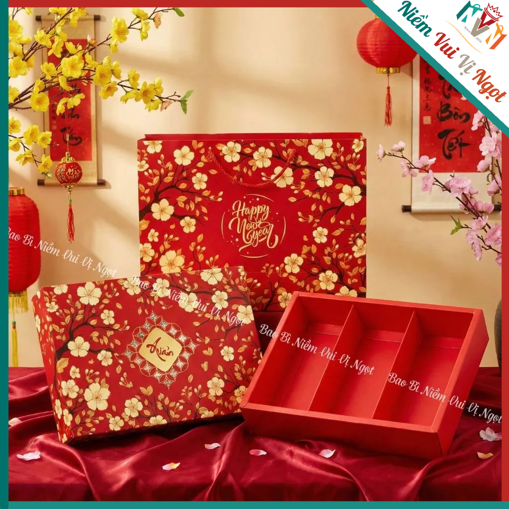 10 Hộp Quà Tết đựng 3 Hũ 6 Hũ đựng Mứt Bánh Kẹo, Hộp Quà tặng cao cấp ~ MAI VÀNG 3-6 HŨ