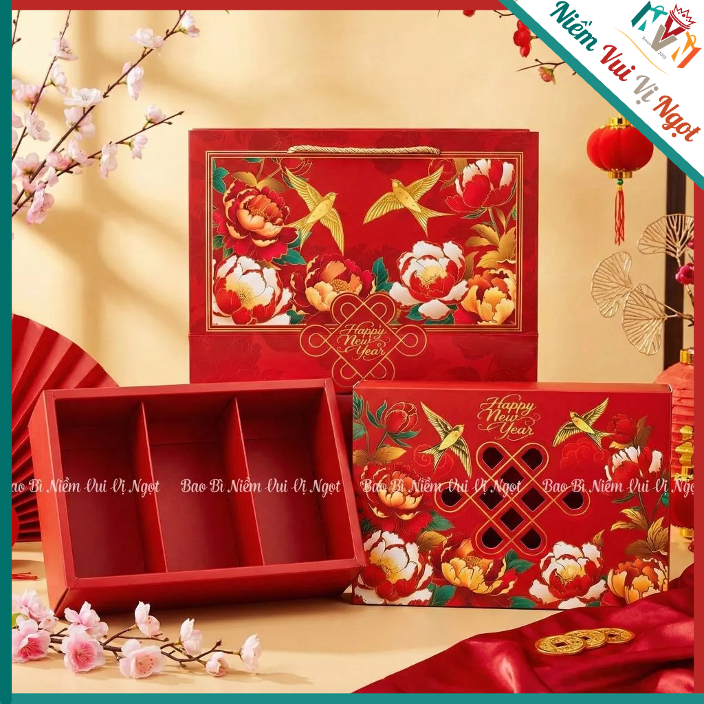 10 Hộp Qùa Tết, Hộp đựng Mứt Bánh Kẹo ~ HỒNG HOA PHÚ QUÝ (3-6 HŨ)