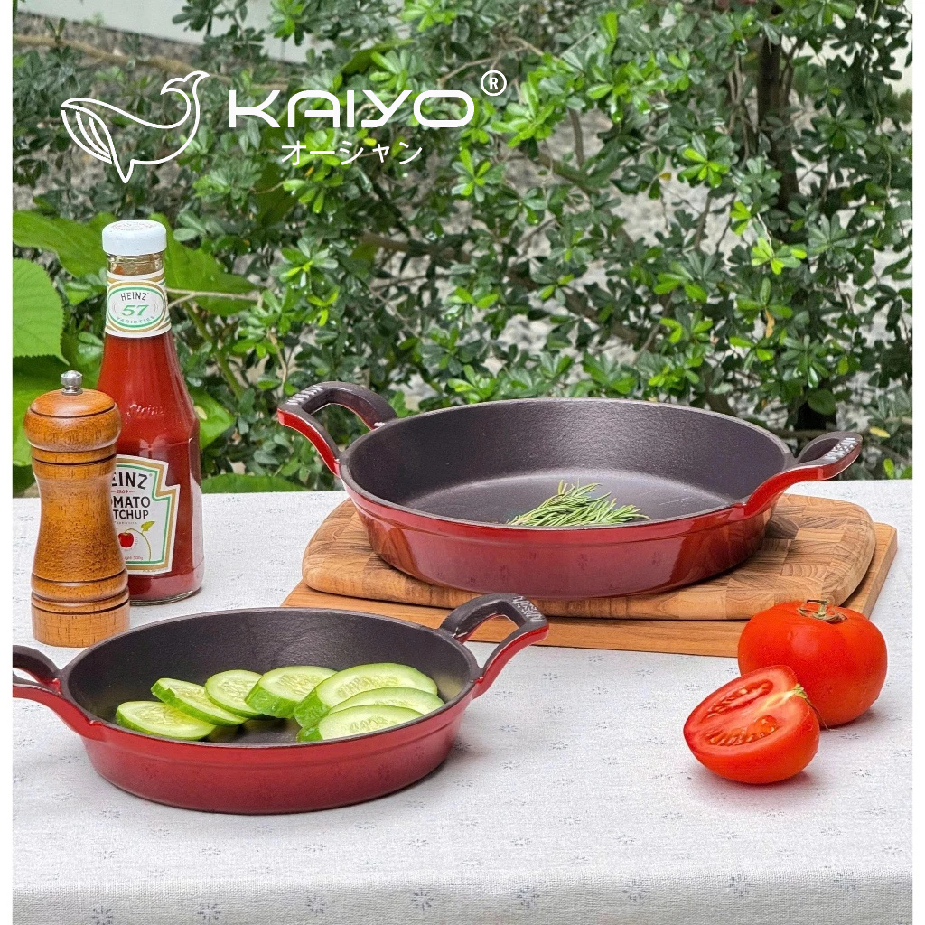 Chảo gang 2 tay cầm Oceno màu đỏ phủ men gốm chống dính tự nhiên bền bỉ an toàn - LARVA STORE