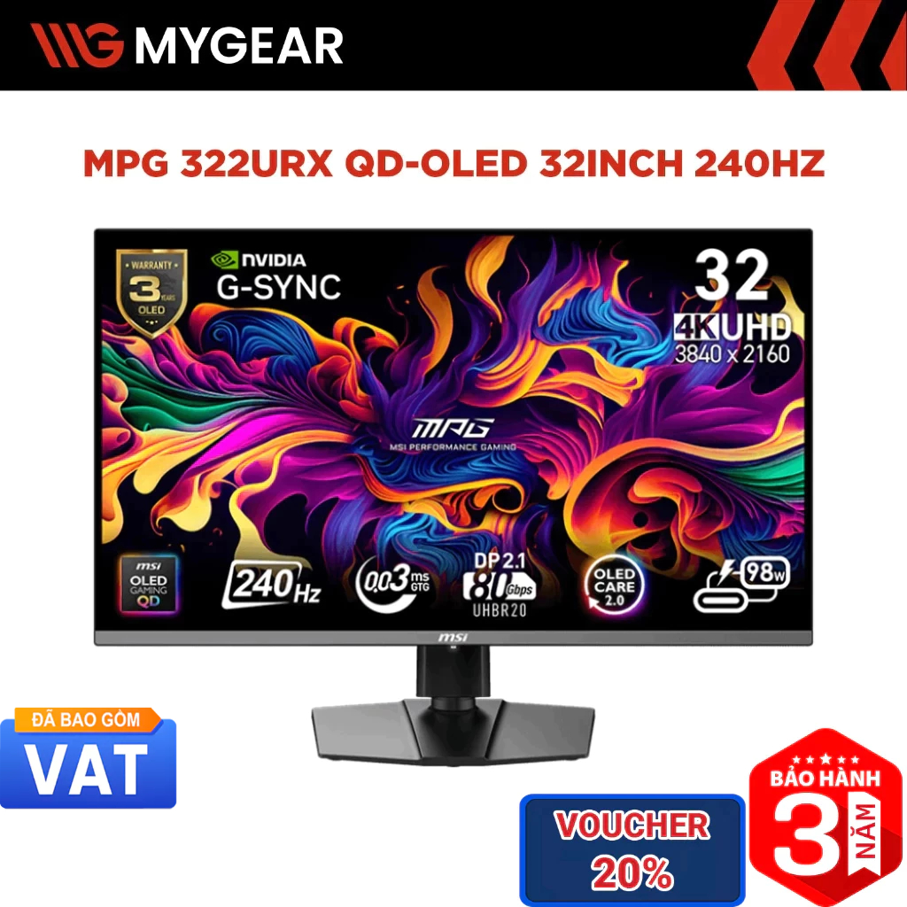 Màn hình Gaming MSI MPG 322URX QD-OLED 31.5 inch 4K UHD 240Hz 0.03ms QD-OLED
