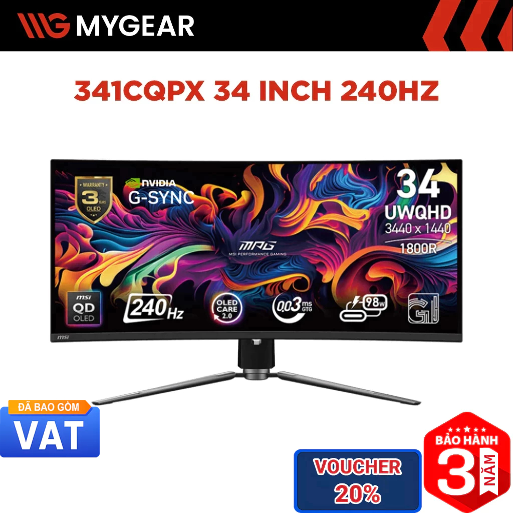 Màn hình Gaming MSI MPG 341CQPX QD-OLED 34inch UWQHD 240Hz 0.03ms QD-OLED Cong 1800R