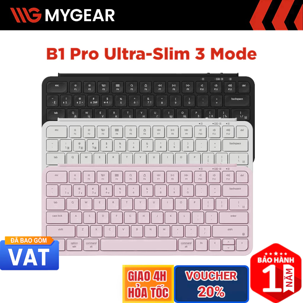Bàn phím không dây Keychron B1 Pro Ultra-Slim 3 Mode Black/White/Pink