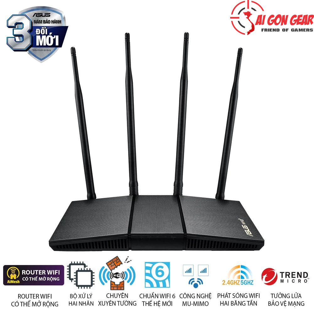 Bộ phát wifi 6 Asus RT-AX1800HP v2 MU-MIMO AX1800Mbps (Xuyên tường) _Router WiFi có thể mở rộng