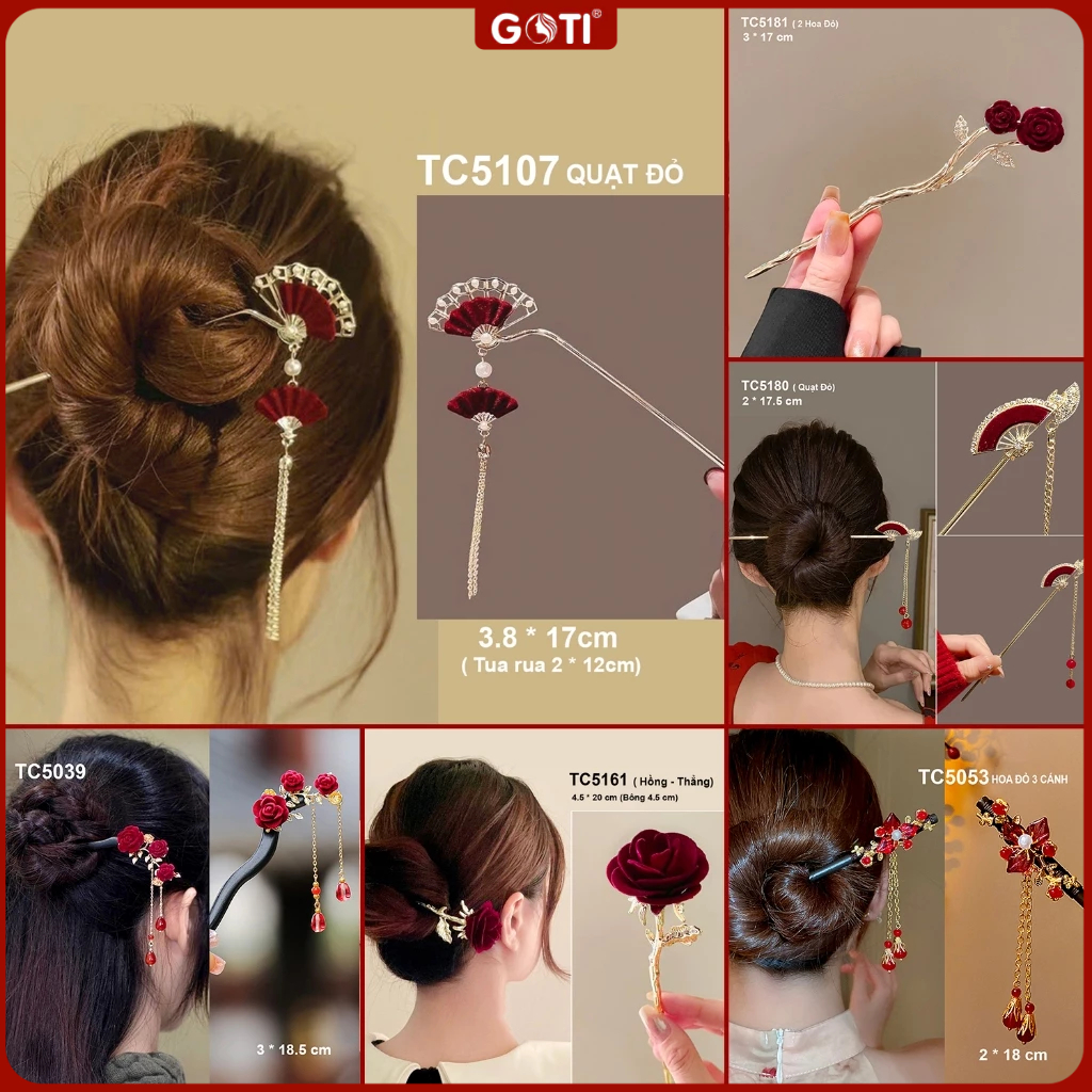 GOTI Trâm Cài Tóc Tết Hình Hoa Đỏ Kiểu Trâm Búi Tóc Phong Cách Hán Phục Cổ Điển Cho Nữ TC517