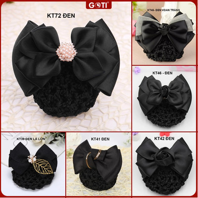 GOTI Thời Trang Nữ Kẹp Búi Tóc Cao Cấp Đính Nơ Cho Mẹ Trung Niên Màu Đen, Búi Lưới Tóc KT40