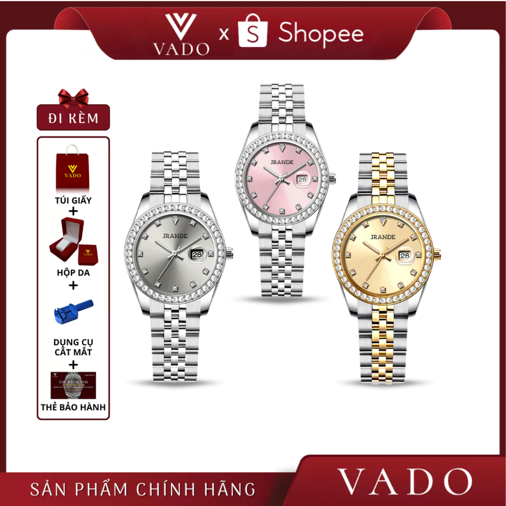 Đồng Hồ Nữ Sang Chảnh Đính Đá Mặt Tròn, Dây Kim Loại Bền Không Rỉ, Hỗ Trợ Kháng Nước DHJ9850 JRANDE