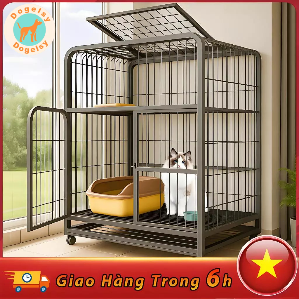 😺Dogelsy🐕Chuồng Mèo 2/3/4 Tầng Lồng Mèo Loại Nan Ống To Chuồng chó Mèo Có Bánh Tặng Khay Vệ Sinh