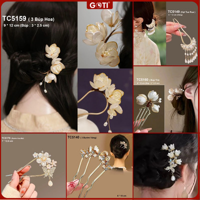 GOTI Quà Tặng Cho Nữ 20/10 8/3 Trâm Cài Kiểu Lược Cài Tóc Đính Hoa Mộc Lan, Hoa Trà TC529-TC536
