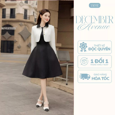 Áo Khoác Nữ Thiết Kế YAME Dáng Crop Trắng Ngà Dài Tay Phối Cổ Đen & Váy Sát Nách Xòe Đen YA+YV820