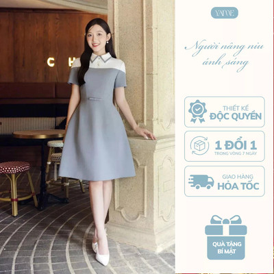 Váy Nữ Dáng A Thiết Kế YAME Màu Ghi Ánh Xanh Cổ Vạt Nhọn Ngắn Tay Có Túi Đính Nơ - Nova YV740