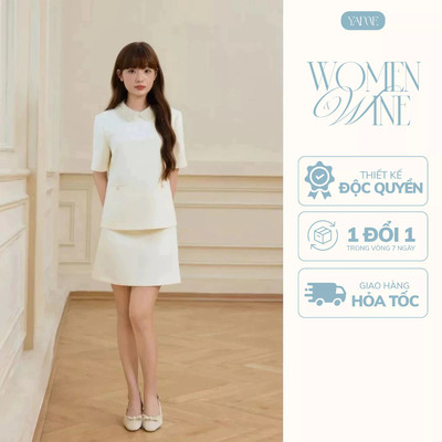 Set Nữ YAME Vải Dạ Màu Kem Ngắn Tay Cổ Sen Đính Cườm & Chân Váy Mini Dáng A Tiểu Thư Éclat YS799