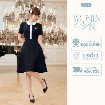 Váy Nữ Thiết Kế YAME Màu Đen Vải Dạ Tweed Kim Sa Lấp Lánh Dáng Cổ Sen Phối Viền Trắng Ngắn Tay YV768
