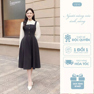 [SET RỜI] Váy Nữ Hai Dây Bản To Màu Đen Muối Tiêu Có Túi Phối Sơ Mi Lụa Tay Dài - Maia YA+YV751