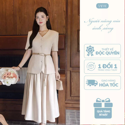 [Tách Set] Thiết Kế YAME Màu Kem Áo Dáng Blazer Đệm Vai Cổ V Chân Váy Xếp Ly Có Túi-ErisYA748+YCV748