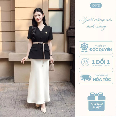 [TÁCH SET] YAME Dáng Vest Ngắn Tay Cúc Bọc Có Túi Màu Đen Chân Váy Lụa Đuôi Cá - Elio&Midi YA+YCV752