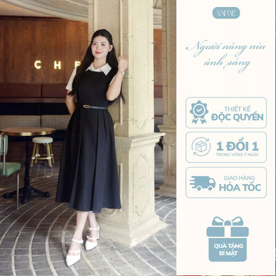 Váy Thiết Kế Nữ YAME Cổ Sơ Mi Đính Đá Dáng Xòe Dài Phối Ly Kèm Dây Đai Màu Đen & Nâu - Vivia YV720