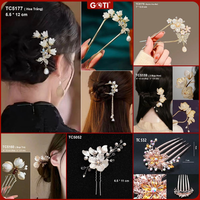 GOTI Trâm Cài Tóc Xước Lược Cài Hoa Mộc Lan, Hoa Trà , Hoa Linh Lan Đẹp Màu Trắng, Kem TC5160
