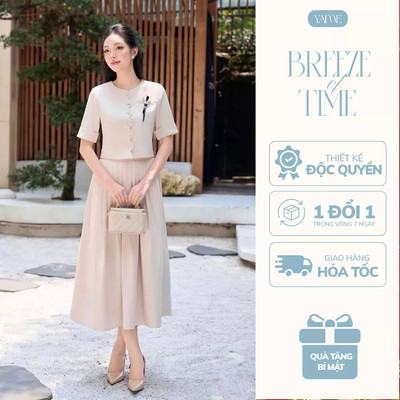 Set Đồ Nữ Thiết Kế YAME Áo Croptop Gập Gấu Tay Phối Hoa Cài & Chân Váy Xếp Ly Xòe Dài Thanh Lịch - Velora YA705 & YCV705