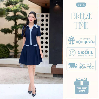 Váy Thiết Kế Nữ YAME Cổ Bẻ Sơ Mi Ngắn Tay Chiết Eo Dáng Xòe Ngắn Xếp Ly Xanh Phối Nơ Thanh Lịch Công Sở - Quinn YV712