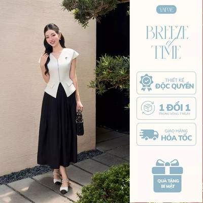 Set Nữ Áo Tay Hến Cổ V Phối Khóa Kéo Kèm Nơ Cài & Chân Váy Đen Xếp Ly Dáng Xòe Dài Công Sở YAME - Ivy YA703 & YCV703