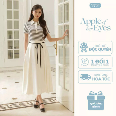 Set Nữ YAME Áo Kẻ Ngang Ngắn Tay Cúc Tim & Chân Váy Xòe Xếp Ly Bên Kèm Đai - HestiaYA735 HeliaYCV736