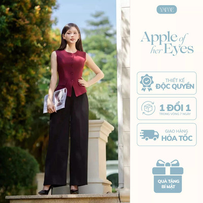 Set Nữ YAME Áo Đỏ Cổ Tròn Dáng Gile Chiết Eo Cúc Bọc & Quần Suông Đen Dài - Nora YA732 Diana YQ718