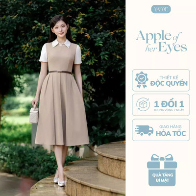 Váy Thiết Kế Nữ YAME Cổ Sơ Mi Đính Đá Dáng Xòe Dài Phối Ly Kèm Dây Đai Màu Nâu & Đen - Vivia YV720