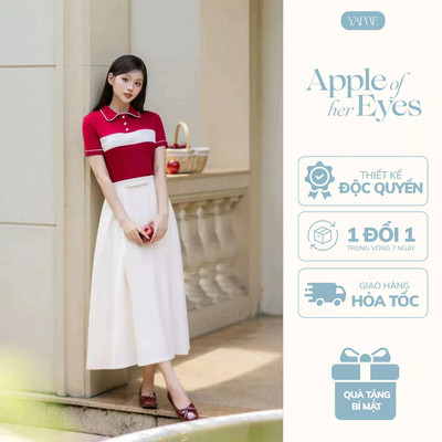 Set Nữ YAME Áo Đỏ Ngắn Tay Cúc Ngọc Phối Viền Trắng & Chân Váy Xòe Đính Nơ - KatieYA733 CoraYCV734