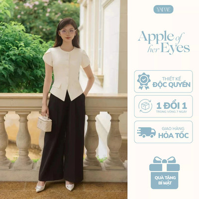 Set Thiết Kế Nữ YAME Áo Kem Cổ Tròn Cộc Tay Cách Điệu & Quần Suông Đen Dài - Amber YA717 Diana YQ718
