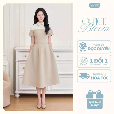 Váy Đầm Thiết Kế Nữ YAME Cổ Sơ Mi Ngắn Tay Chiết Eo Nơ Dáng Bồng Dài Trắng Phối Nâu Sữa Thanh Lịch Công Sở - Vera YV687