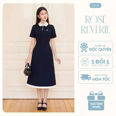 Váy Đầm Thiết Kế Nữ YAME Cổ Sen Chiết Eo Dáng Dài Đính Khuy & Tag Nơ Đá Thanh Lịch - Elora YV620