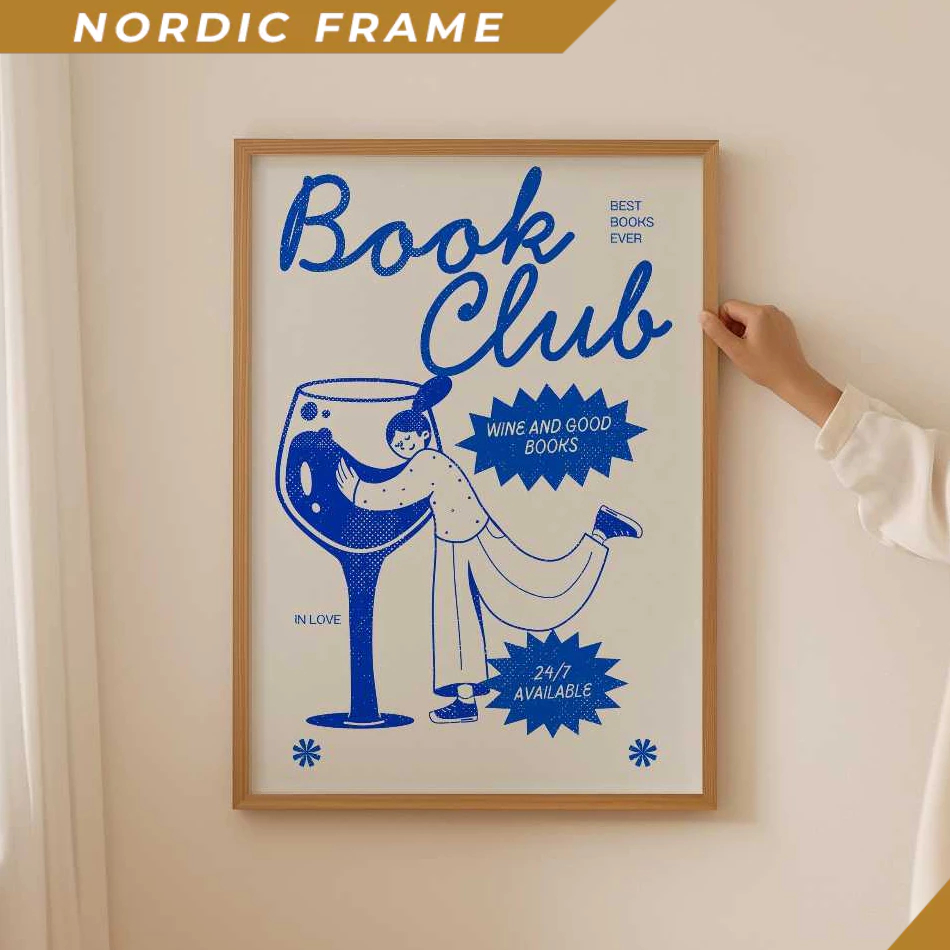 Tranh treo tường, Book and wine club Poster, Preppy Print for book lover gift, Aesthetic book nook f