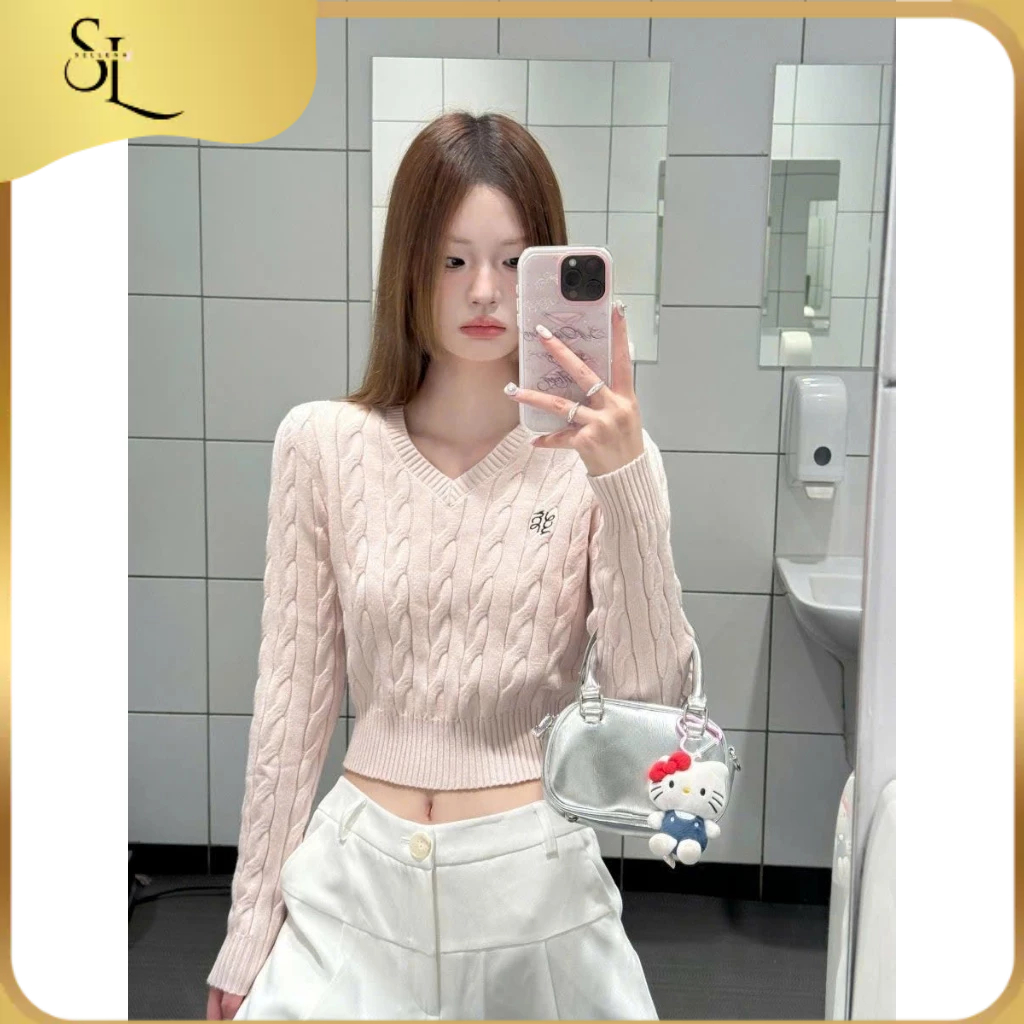 Áo len cổ tim 𝑺𝒆𝒍𝒍𝒆𝒏𝒂 dáng croptop, Áo len thừng hồng pastel xinh xắn AL75