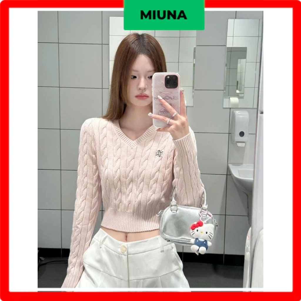 Áo len croptop Miuna cổ tim, Áo len thừng hồng pastel xinh xắn AL75
