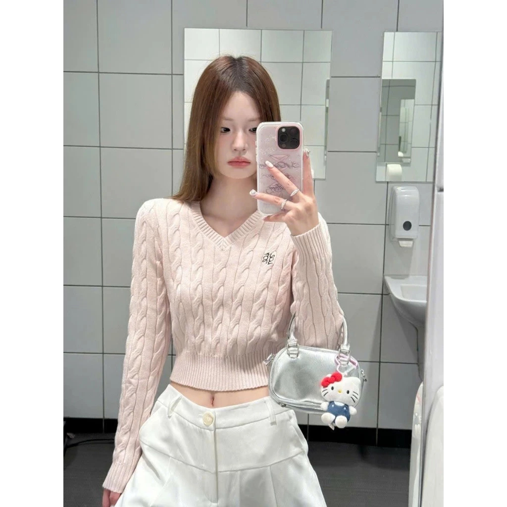 Áo len croptop Mtee cổ tim, Áo len thừng hồng pastel xinh xắn AL75