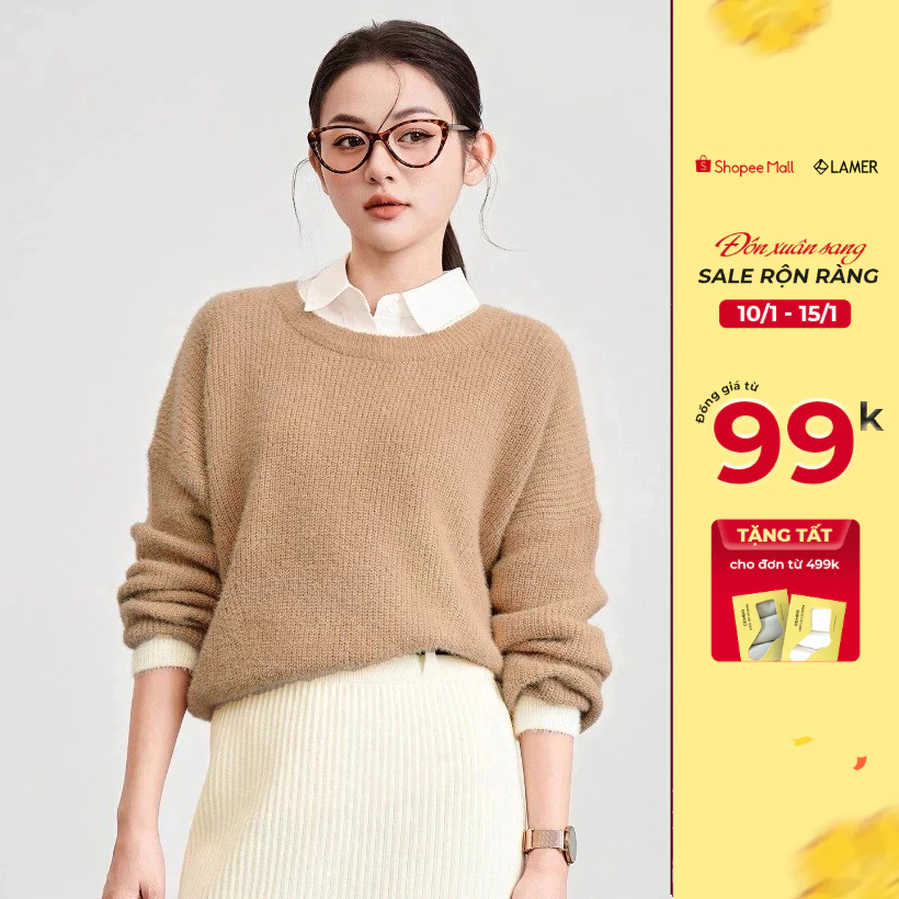 Áo Len Nữ Cổ Tròn Tay Dài Bo Phối Gấu VIEN TRAN V61W24T006