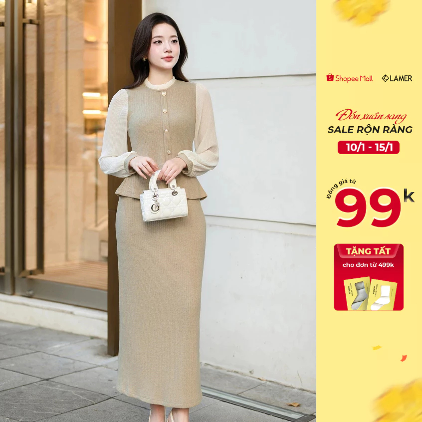 Áo Len Thun Dáng Peplum Phối Chân Váy Len Dáng Dài Xẻ Sau L61B24T009 L62M24T004