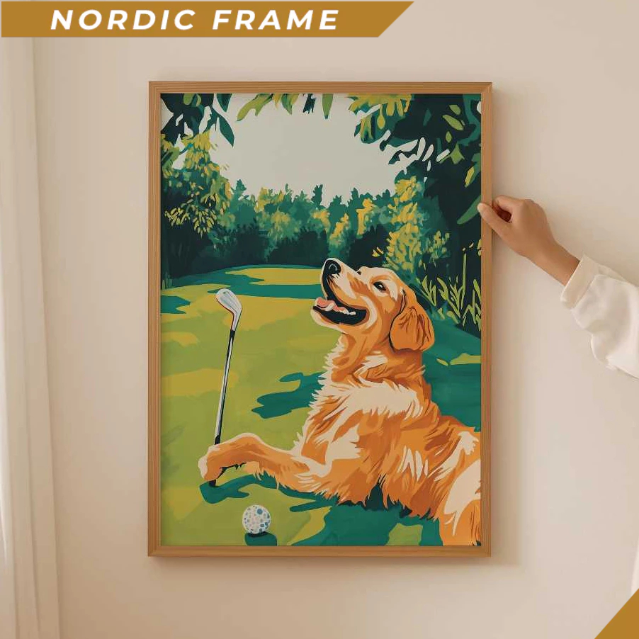 Tranh treo tường, Trendy golden retriever Poster– Funky Golf Lover Wall Art for Funky bathroom or ma