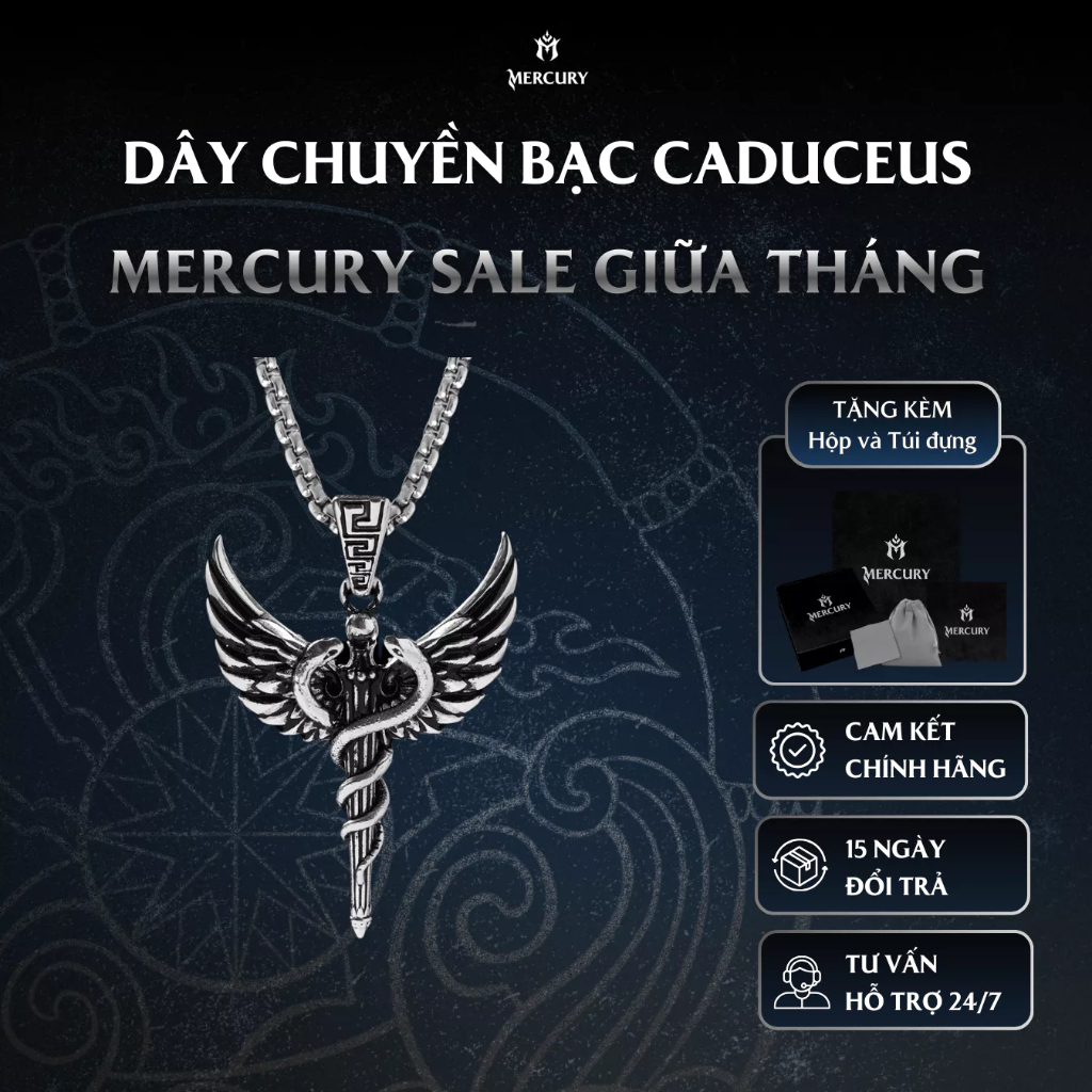 Dây chuyền Bạc nam nữ 925 Caduceus -Trang sức bạc 925 M MERCURY ACCESSORIES- Họa tiết thần thoại