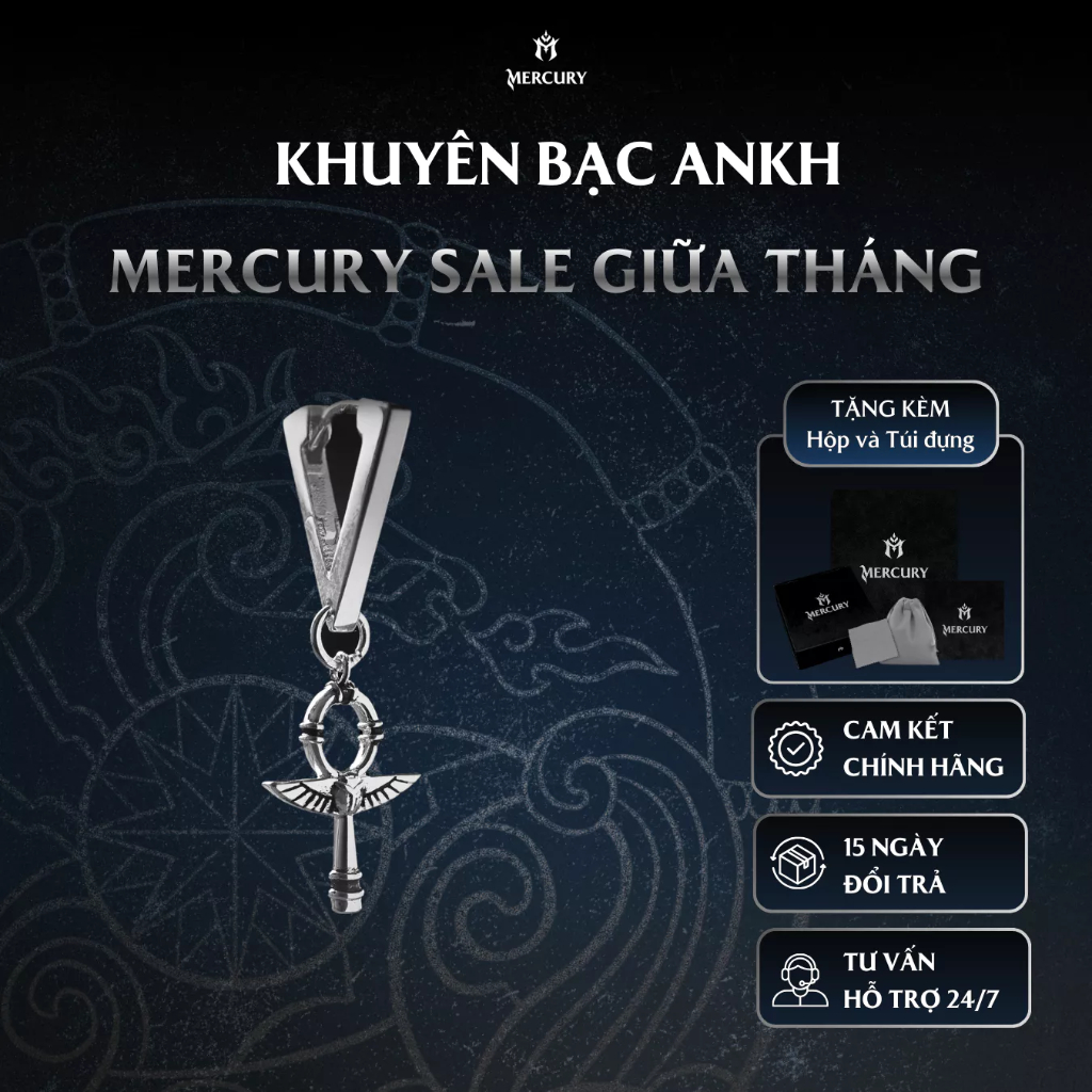 Khuyên tai Bạc nam, nữ 925 Mercury Ankh -Trang sức Bạc 925 - Thiết kế họa tiết thần thoại Ai Cập
