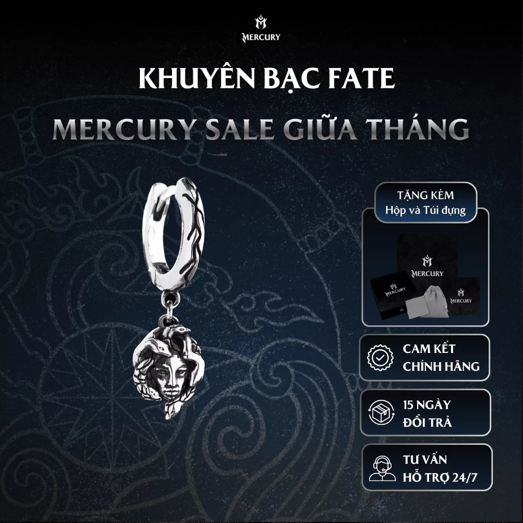 Khuyên tai Bạc nam, nữ 925 Mercury Fate -Trang sức Bạc 925 - Thiết kế họa tiết Medusa