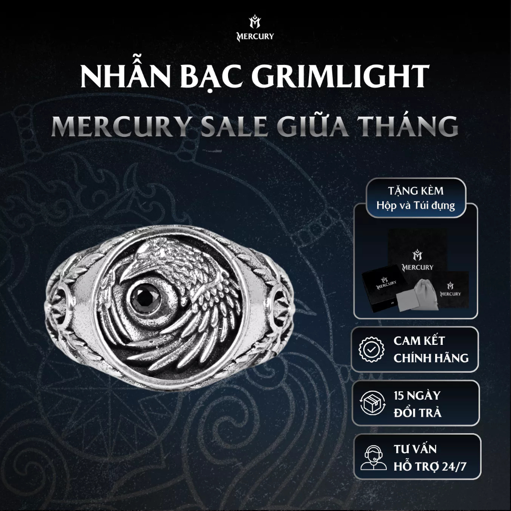 Nhẫn Bạc nam,nữ 925 Mercury Grimlight - Trang sức Bạc 925 cao cấp-Thiết kế độc quyền bởi Mercury