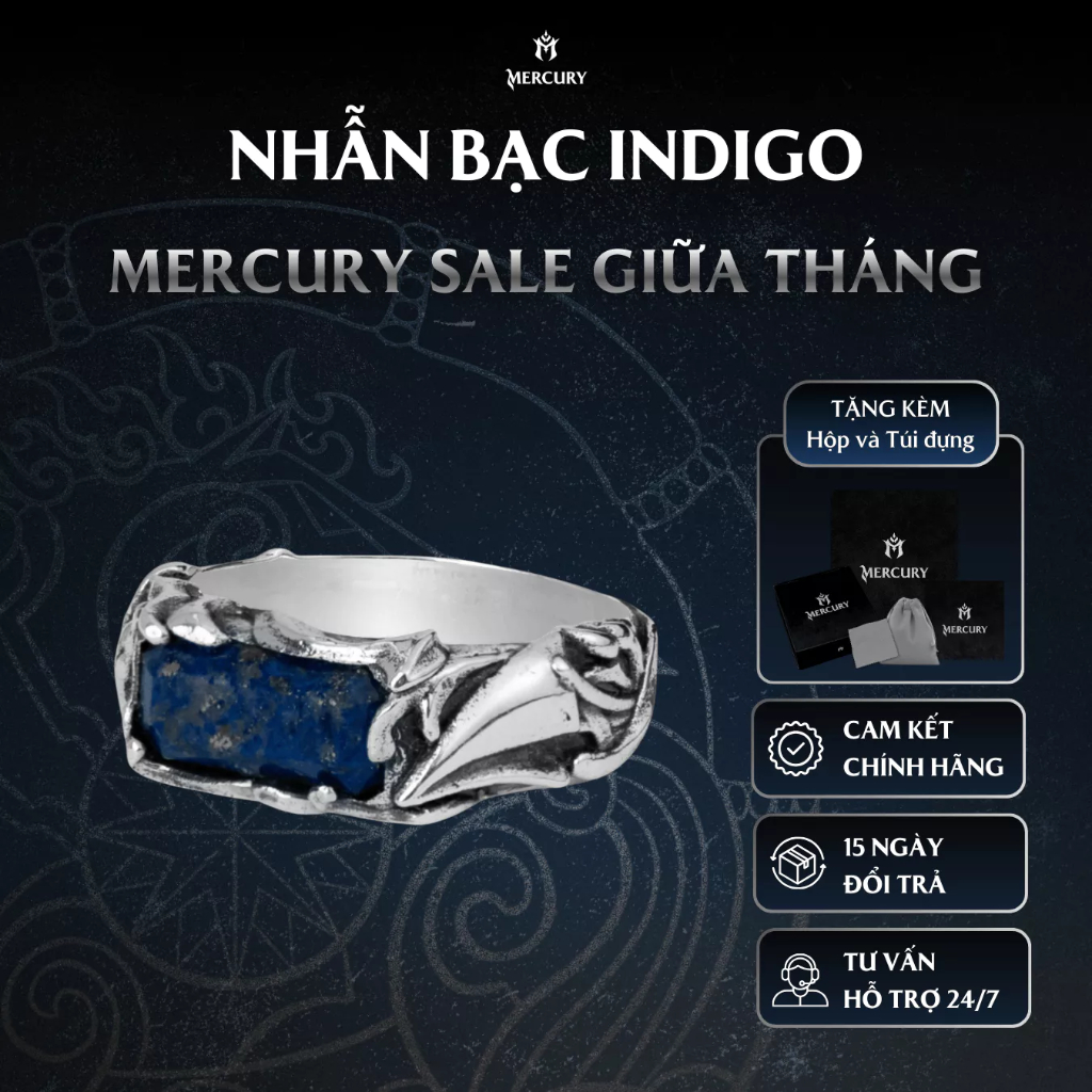 Nhẫn Bạc nam 925 Mercury Indigo - Trang sức Bạc 925 đúc nguyên khối- Thiết kế độc quyền bởi Mercury