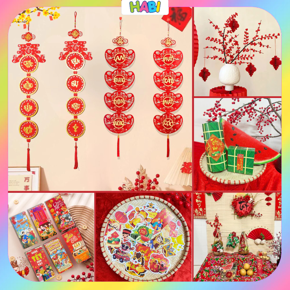 Tổng Hợp Phụ Kiện Trang Trí Tết 2026 - Decor Tết Năm Mới Bính Ngọ Lì Xì, Đèn Lồng, Thẻ Treo, Liễn Quạt, Keo Nến  TET